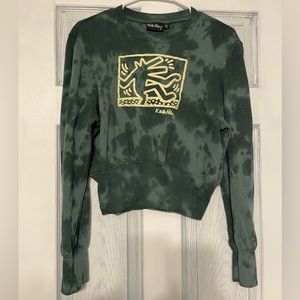 Keith Haring Long Sleeve Crop Top Sweatshirt Tie Dye Women Dancing Dog Green L